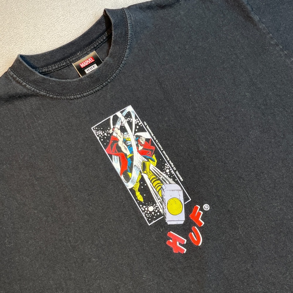 HUF x Marvel Thor Comic Graphic T-Shirt Mens Large Black Cotton Skate Streetwear